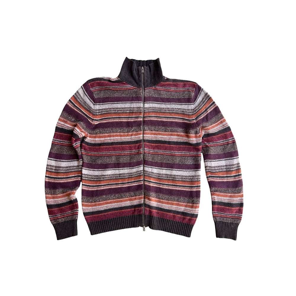 VTG Perry Ellis Full-Zip Striped M Sweater Wool-Blend Elbow Patches Hong Kong